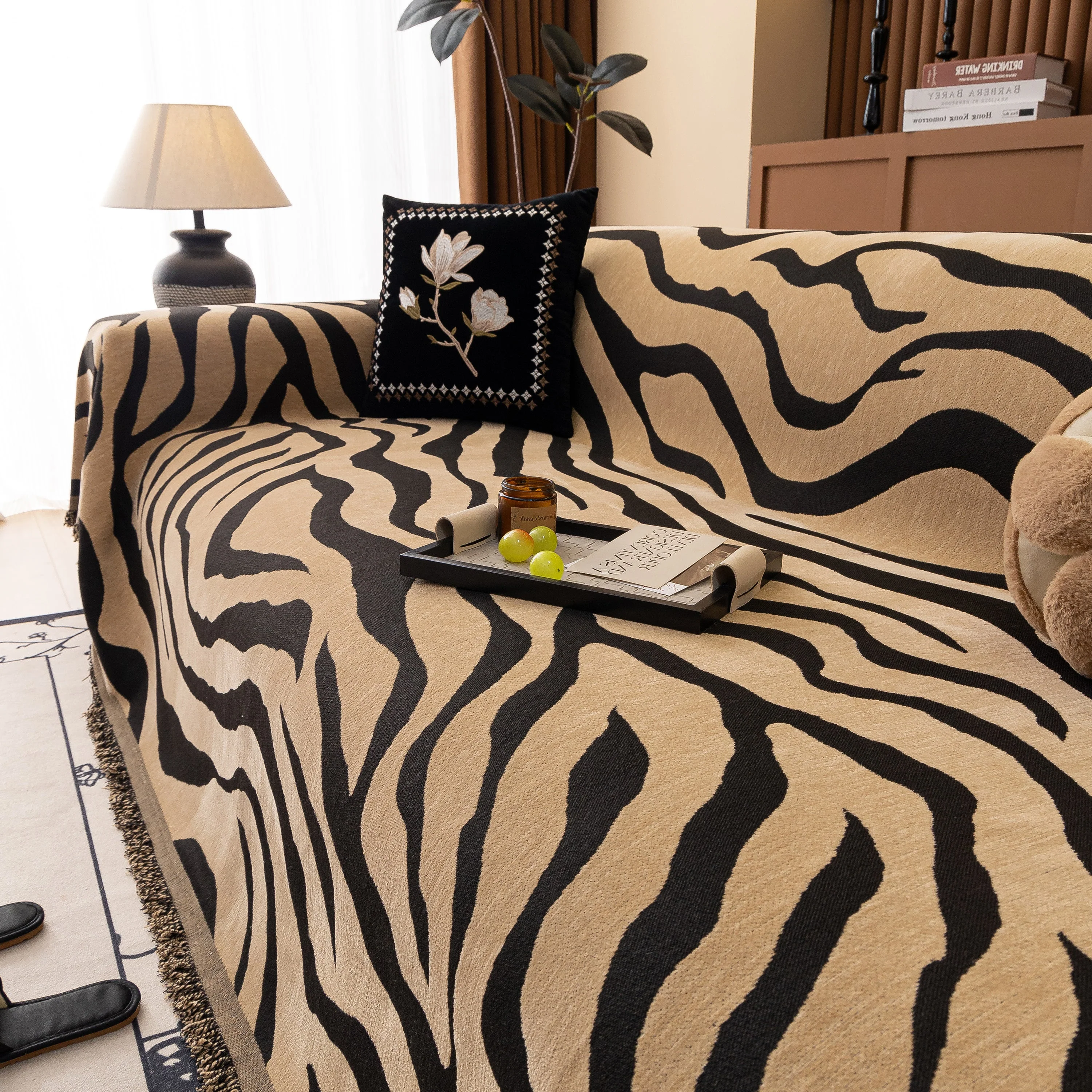Zebra Striped Chenille Throw Sofa Cover Full-Cover Decorative Furniture Slipcover - Image 67