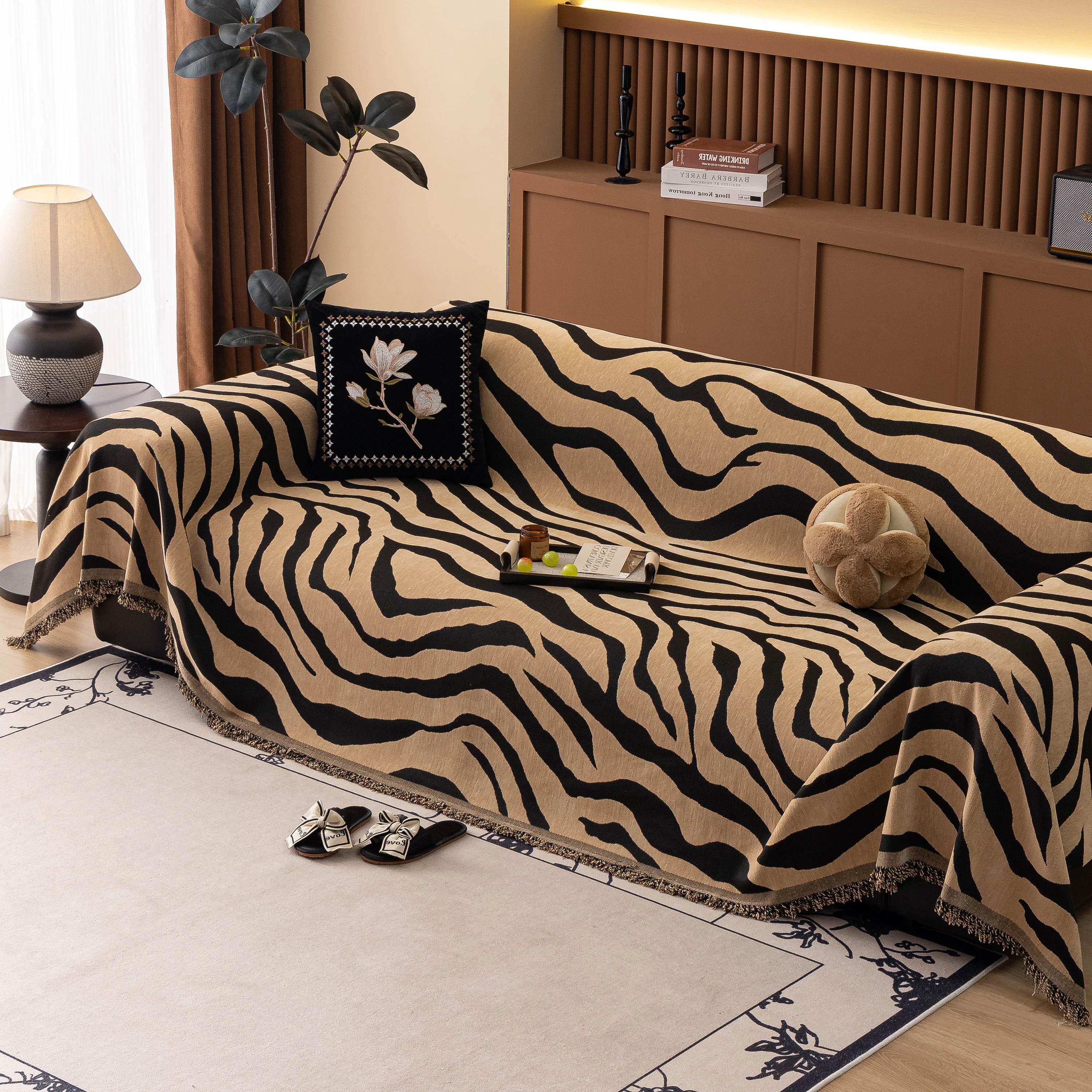 Zebra Striped Chenille Throw Sofa Cover Full-Cover Decorative Furniture Slipcover - Image 72