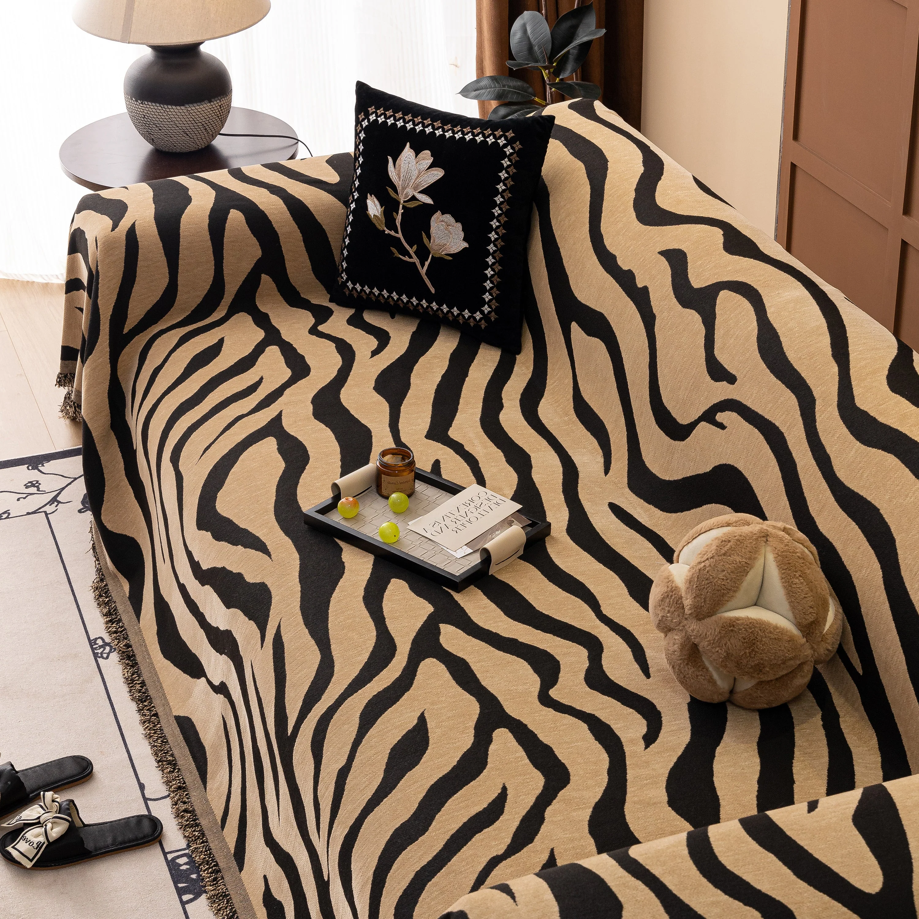 Zebra Striped Chenille Throw Sofa Cover Full-Cover Decorative Furniture Slipcover - Image 74
