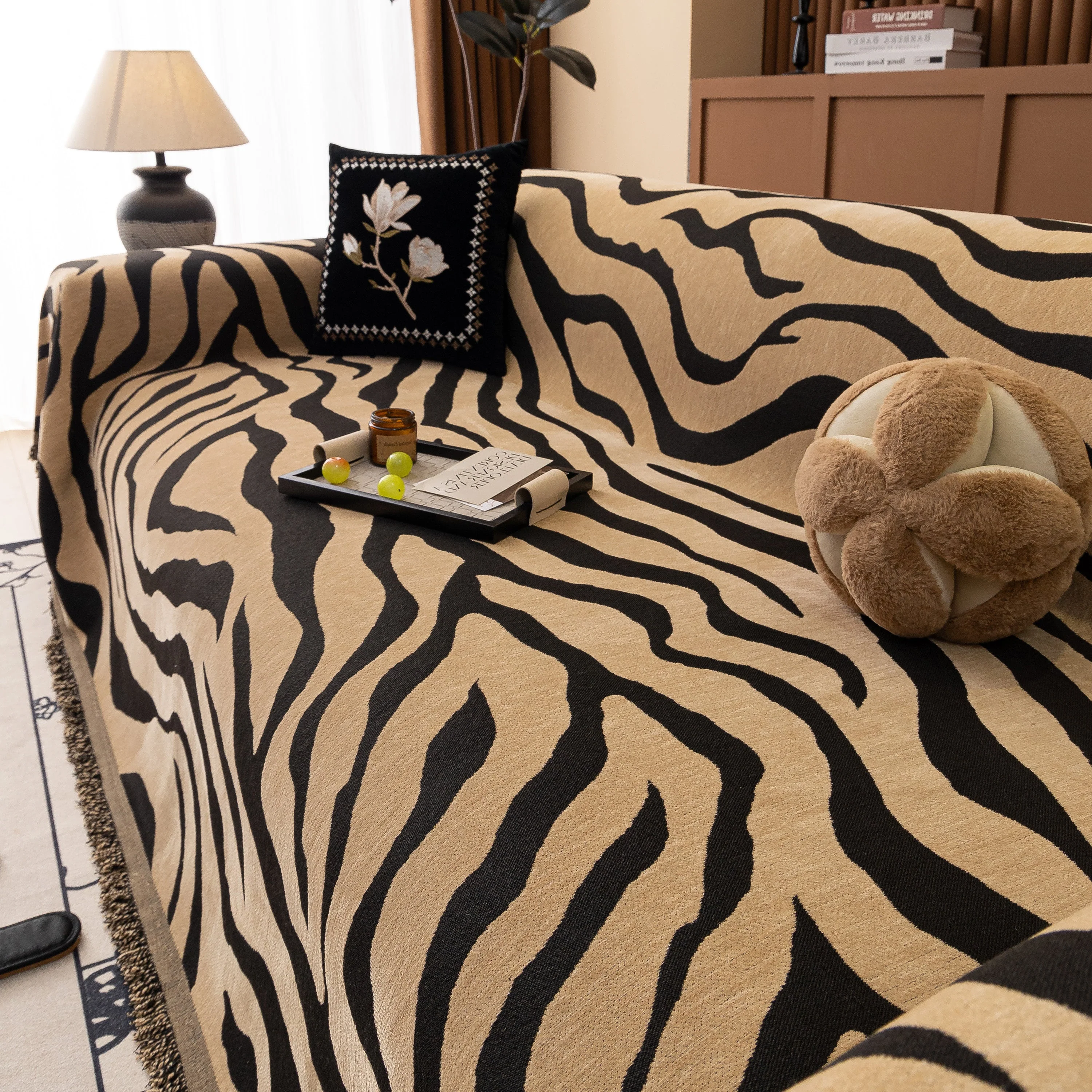 Zebra Striped Chenille Throw Sofa Cover Full-Cover Decorative Furniture Slipcover - Image 75