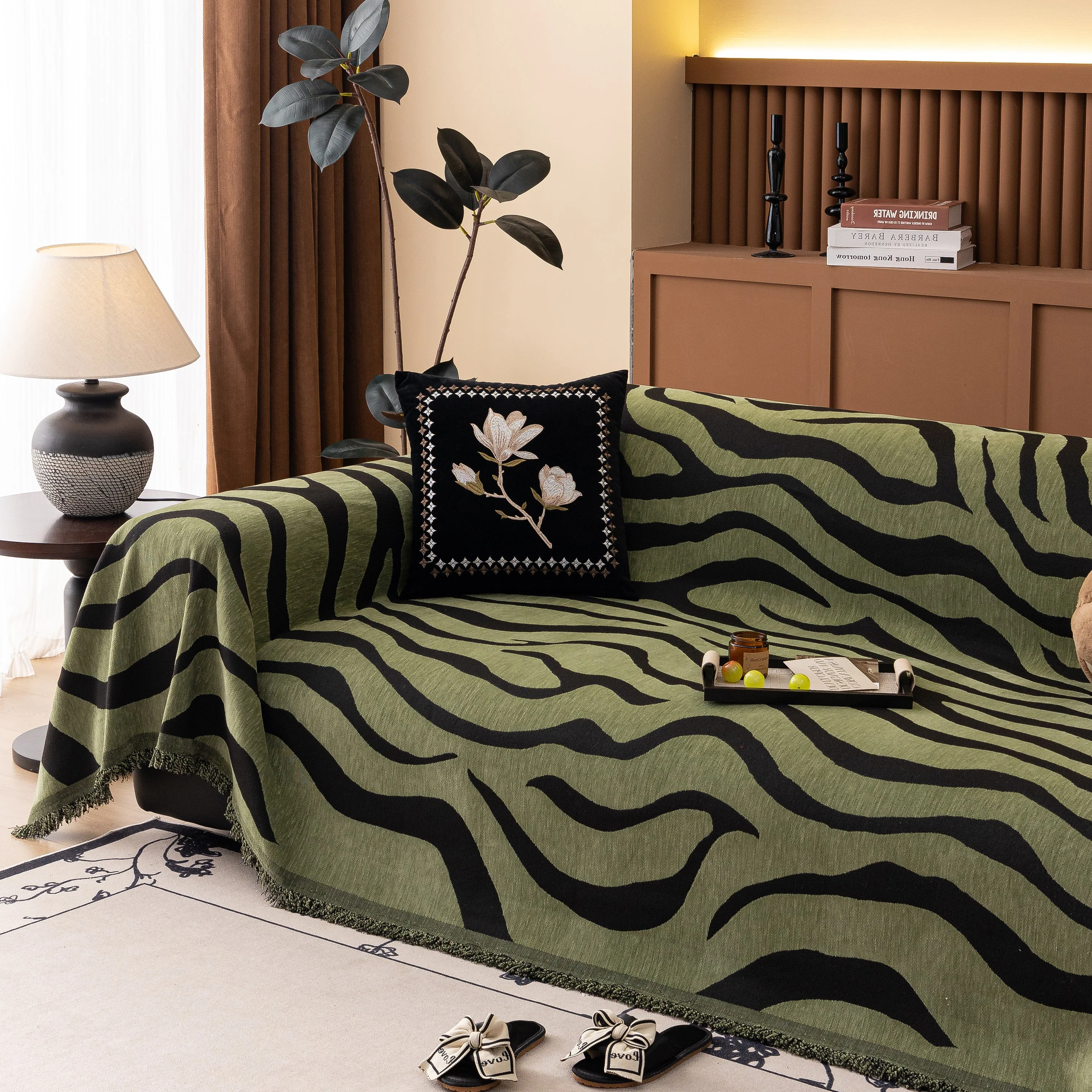 Zebra Striped Chenille Throw Sofa Cover Full-Cover Decorative Furniture Slipcover - Image 86