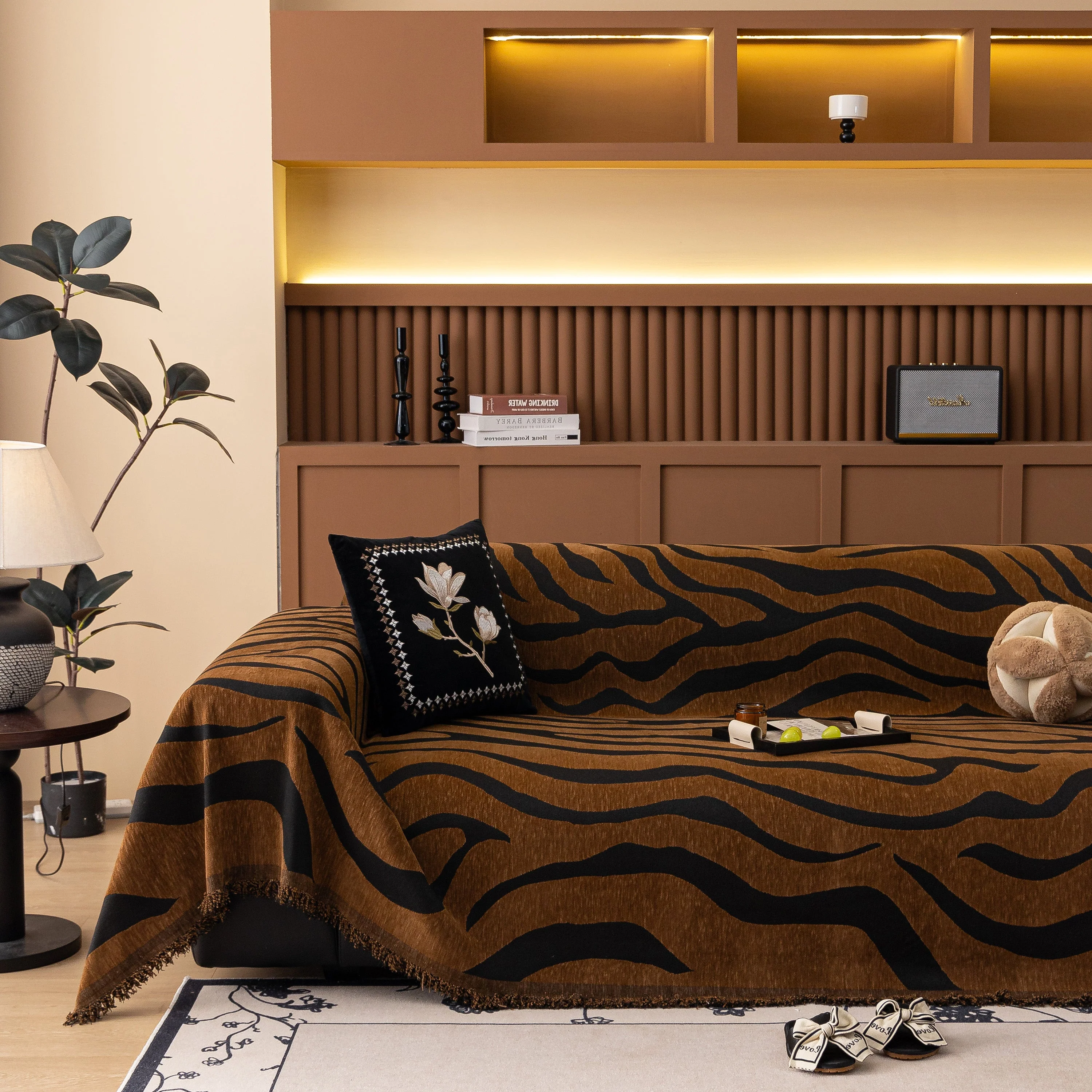 Zebra Striped Chenille Throw Sofa Cover Full-Cover Decorative Furniture Slipcover - Image 99
