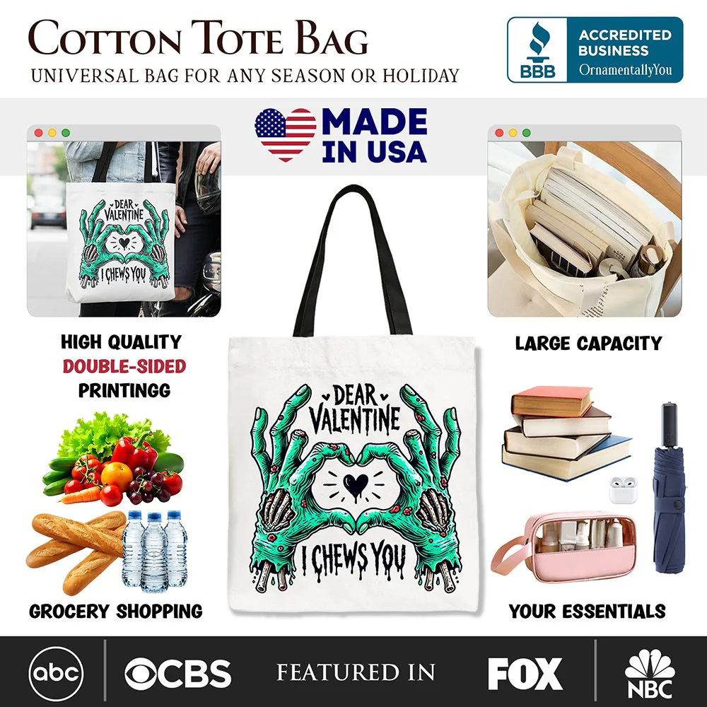 Zombie Valentine Hands I Chews You Canvas Tote Bag, Funny Bag for Horror Spring Season - Image 2