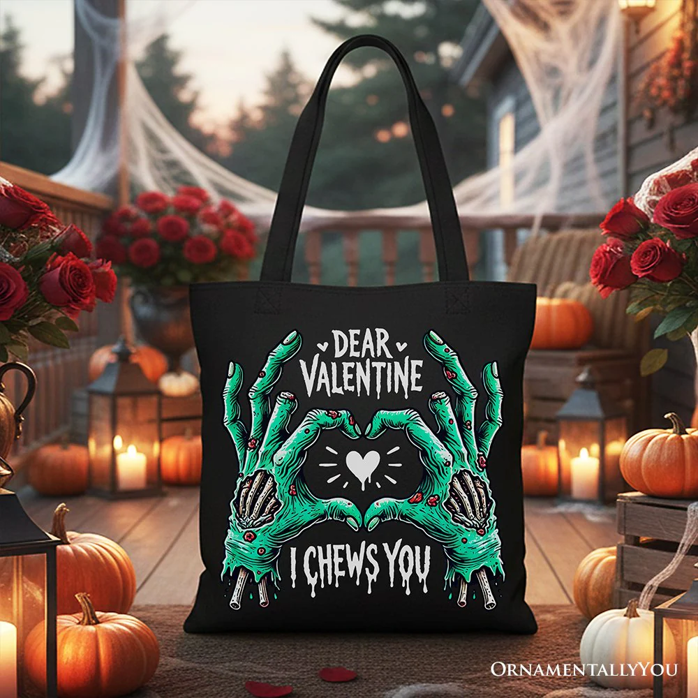 Zombie Valentine Hands I Chews You Canvas Tote Bag, Funny Bag for Horror Spring Season - Image 4
