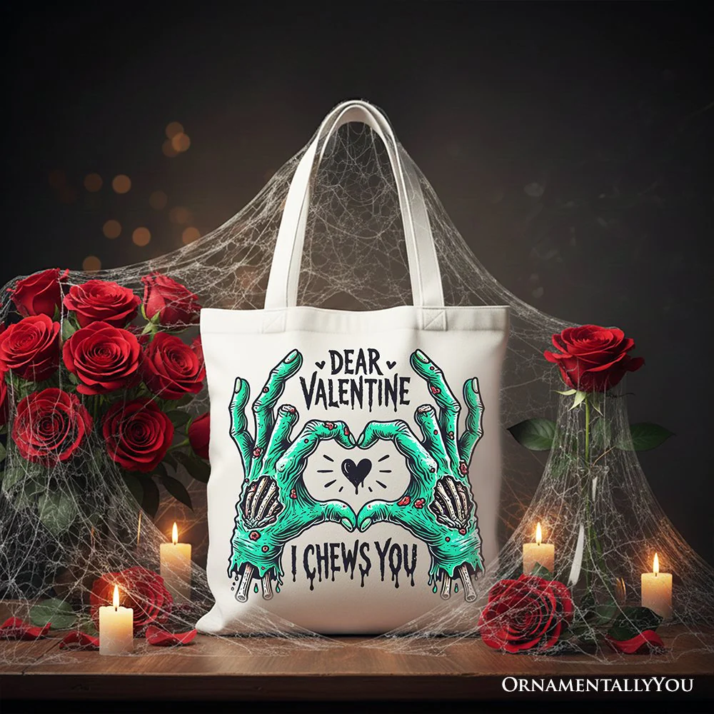 Zombie Valentine Hands I Chews You Canvas Tote Bag, Funny Bag for Horror Spring Season - Image 5