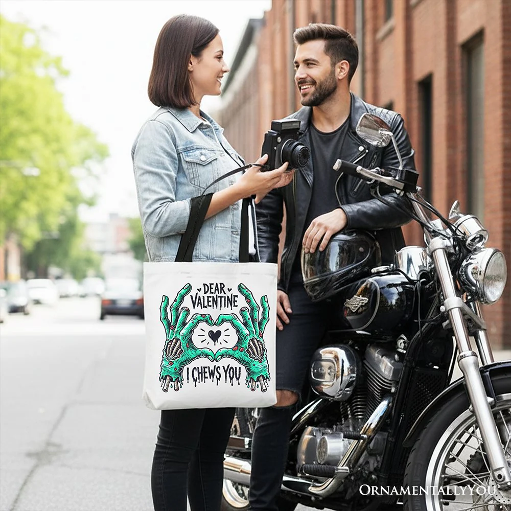 Zombie Valentine Hands I Chews You Canvas Tote Bag, Funny Bag for Horror Spring Season - Image 6