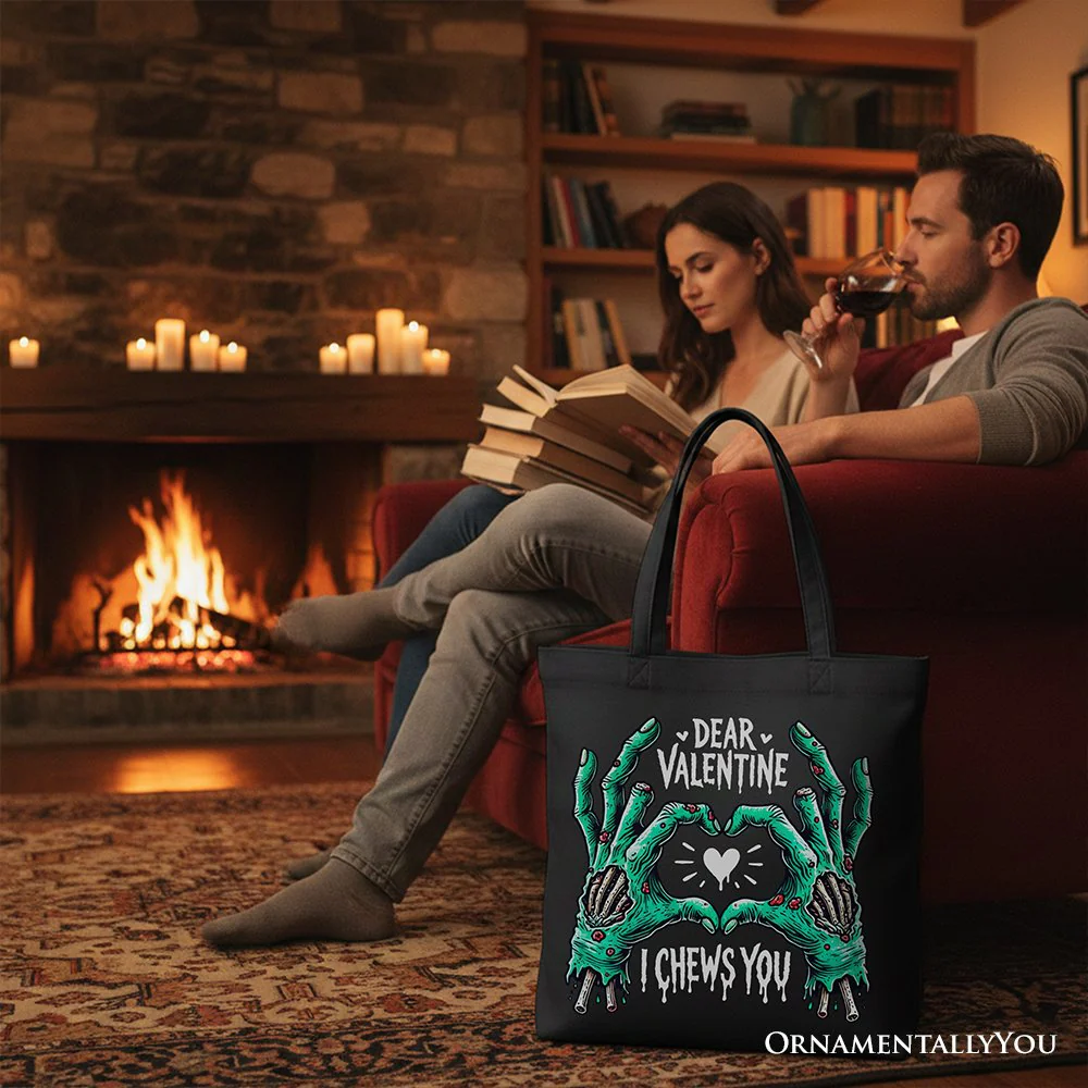 Zombie Valentine Hands I Chews You Canvas Tote Bag, Funny Bag for Horror Spring Season - Image 7