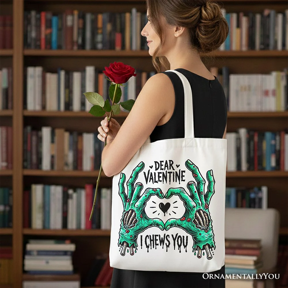 Zombie Valentine Hands I Chews You Canvas Tote Bag, Funny Bag for Horror Spring Season - Image 8