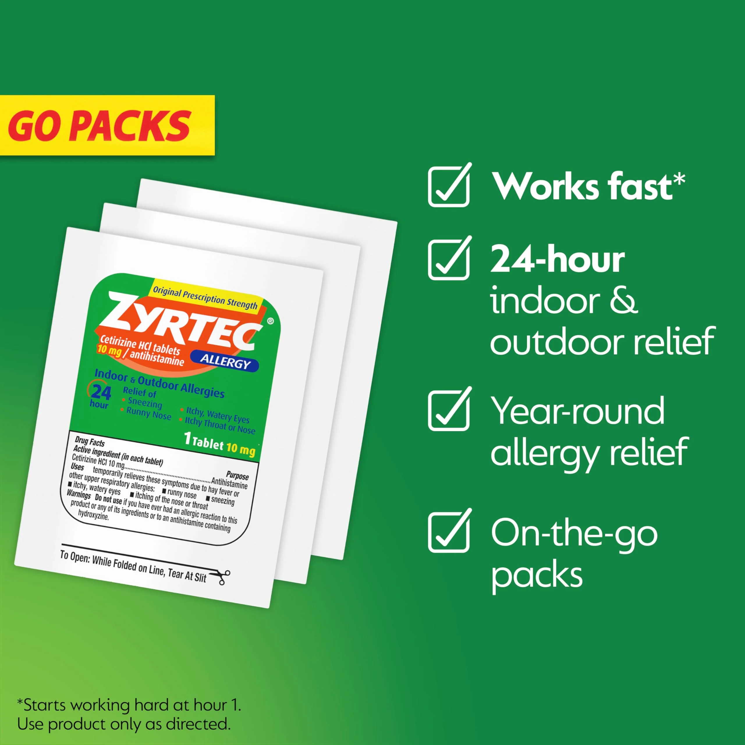 Zyrtec 24 Hour Allergy Relief Tablets, Individually Wrapped Indoor and Outdoor Allergy Medicine with 10 mg Cetirizine HCl per Antihistamine Tablet, 1 Tablet Per Pack, 50 ct Dispensit Pack - Image 5
